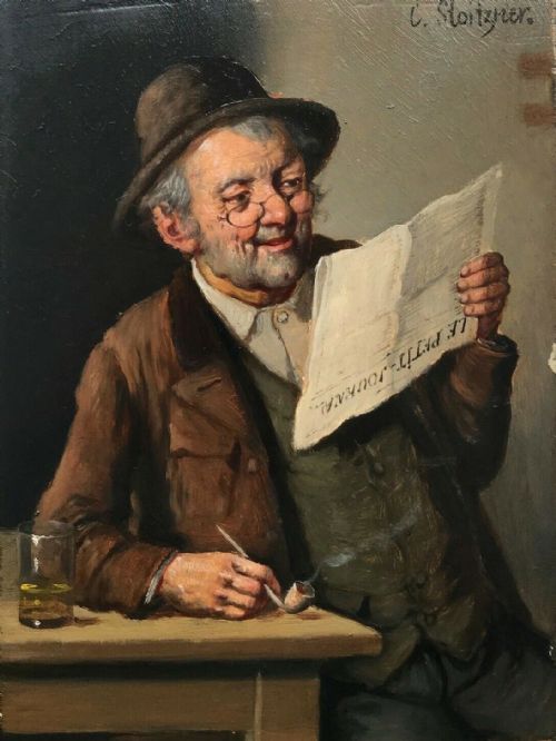C Stoitzner Signed Antique Original Oil Painting on Wood Panel Portrait of a Man Reading Newspaper