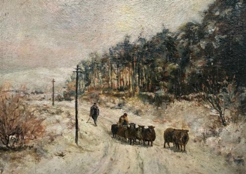 Arthur W Newsholme Original 19th Century Oil Painting on Board Sheep in Washburn Valley Norwood Edge Winter Landscape