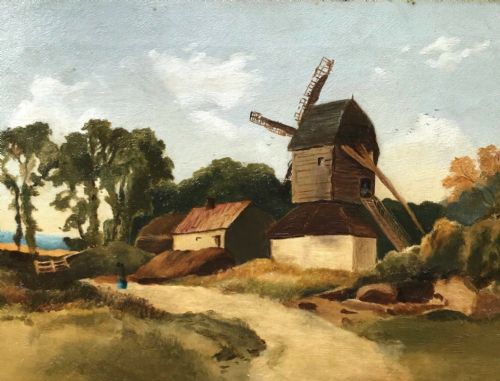 Original Framed Antique Oil Painting on Canvas Windmill & Figure English Landscape