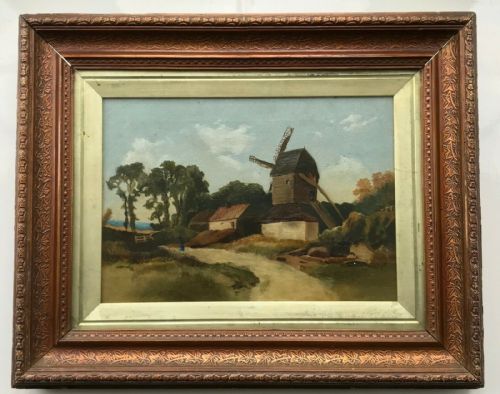 fig 1. Original Framed Antique Oil Painting on Canvas Windmill & Figure English Landscape