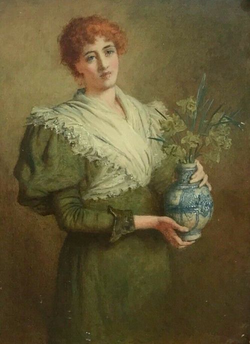 Robert W Wright Signed Original 19th Century English Antique Oil on Panel Painting Portrait Lady with Flowers