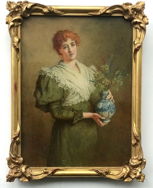 fig 1. Robert W Wright Signed Original 19th Century English Antique Oil on Panel painting Portrait Lady with Flowers