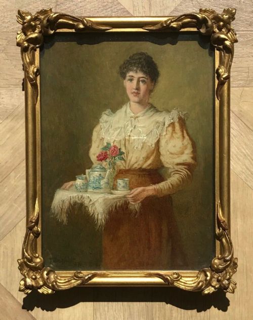 fig 1. Robert W Wright Signed Original 19th Century Antique English Oil Painting on Panel Portrait Lady Serving Tea