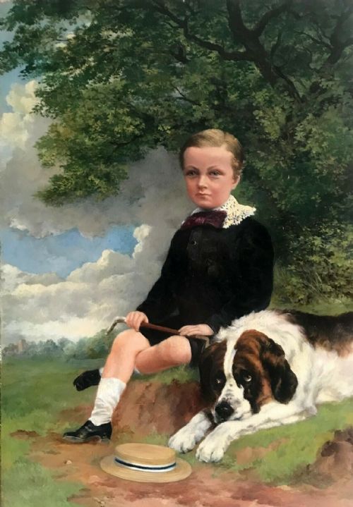 Antique British School Original Oil Painting on Board Portrait of a Seated Boy & St Bernard Dog in an English Landscape