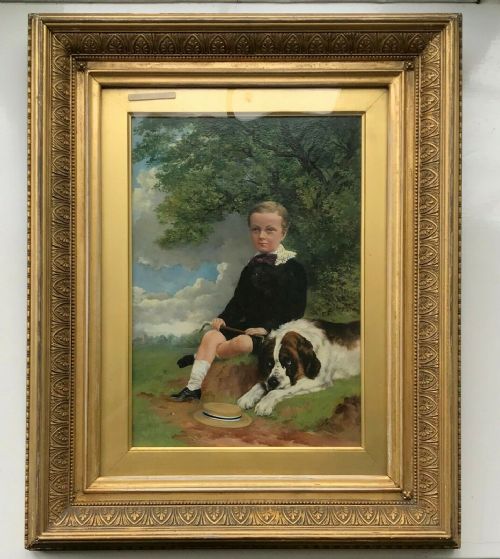 fig 1. Antique British School Original Oil Painting on Board Portrait of a Seated Boy & St Bernard Dog in an English Landscape