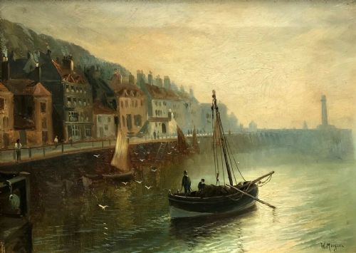 Walter Linsley Meegan Signed Original Oil Painting on Canvas Whitby Harbour Pier with Fishing Boats Yorkshire Seascape