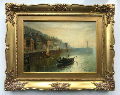 fig 1. Walter Linsley Meegan Signed Original Oil painting on Canvas Whitby Harbour Pier with Fishing Boats Yorkshire Seascape