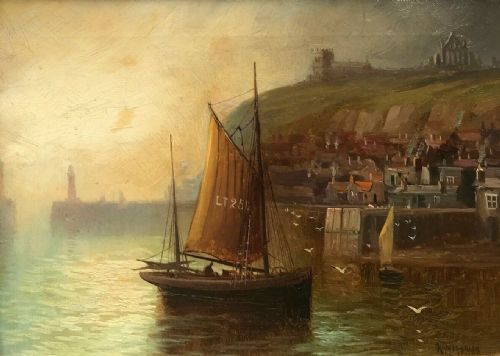 Walter Linsley Meegan Signed Original Oil Painting Whitby Harbour with Fishing Boats, Abbey & St Mary's Church Yorkshire Seascape