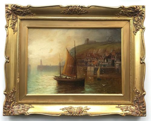 fig 1. Walter Linsley Meegan Signed Original Oil painting Whitby Harbour with Fishing Boats, Abbey & St Mary's Church Yorkshire Seascape