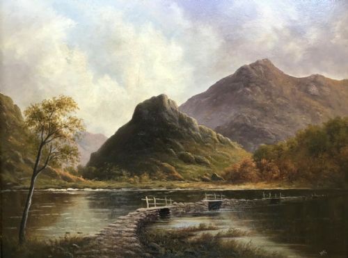 W H Rooke Signed Original 1900 English Antique Oil Painting Thirlmere & Bridge Cumbria Lake District Landscape