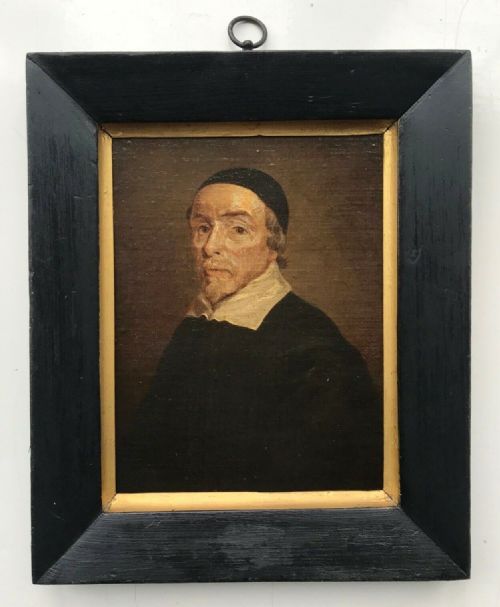 Antique Original 19th Century Oil Painting Canvas Attached to Panel, Portrait of a Gentleman Cleric in Ebonized Frame