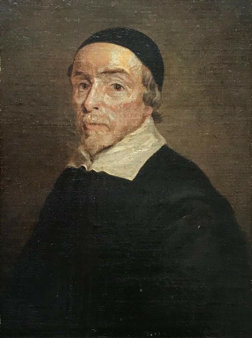 fig 1. Antique Original 19th Century Oil Painting Canvas attached to Panel, Portrait of a Gentleman Cleric in Ebonized Frame