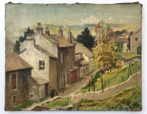 fig 1. P W Oliver Signed Original Antique Oil Painting on Canvas English Village Landscape Scene