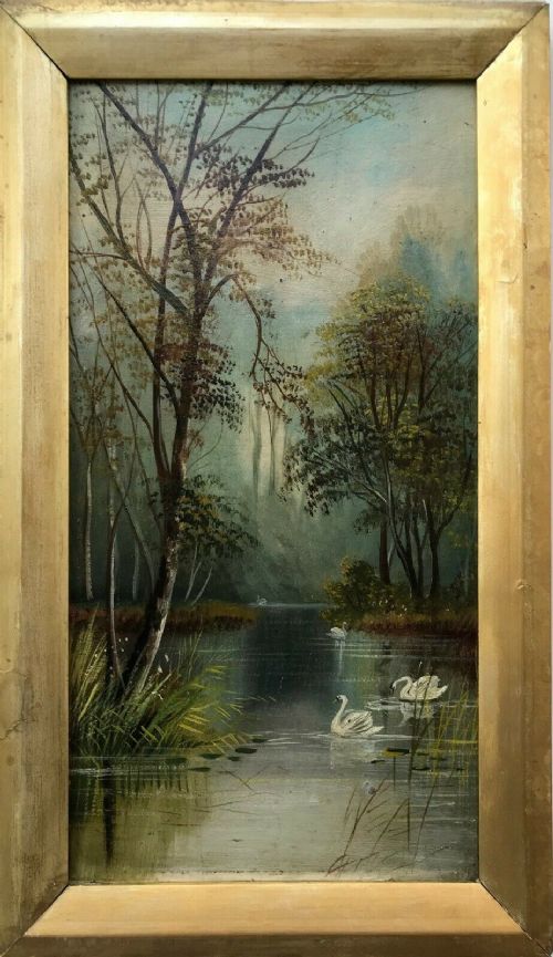 Original Antique Oil Painting on Panel Lake & Swans Tree Landscape View 2