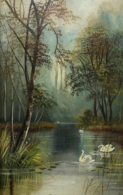 fig 1. Original Antique Oil Painting on Panel Lake & Swans Tree Landscape View 2