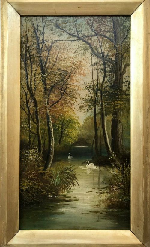 Original Antique Oil Painting on Board Lake & Swans Tree Landscape View 1