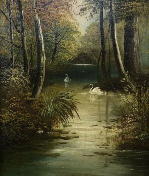 fig 1. Original Antique Oil Painting on Board Lake & Swans Tree Landscape View 1