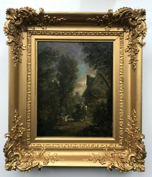 Manner of George Morland Original Antique Oil Painting Figures Before a House in a Gilt Frame