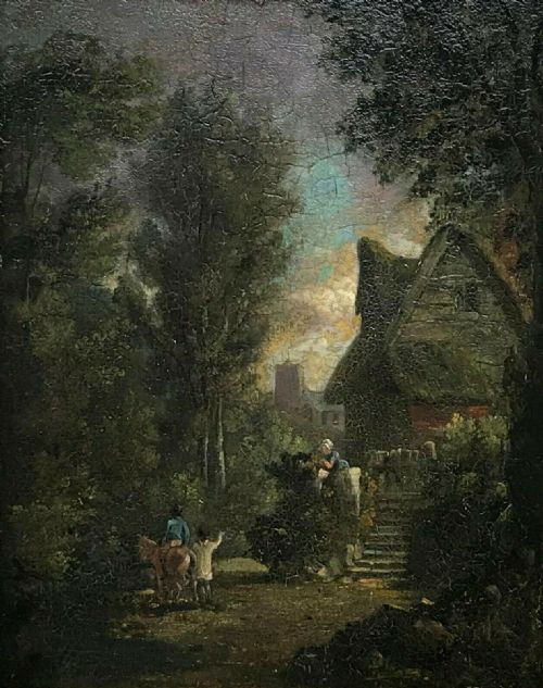 fig 1. Manner of George Morland Original Antique Oil Painting Figures before a House in a Gilt Frame