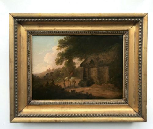 Manner of Julius Caesar Ibbotson Original English School Antique Oil Painting on Wood Panel Figures Landscape