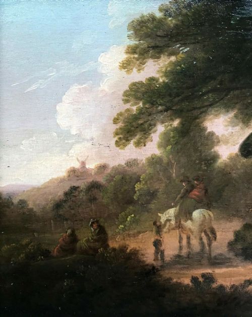 fig 1. Manner of Julius Caesar Ibbotson Original English School Antique Oil Painting on Wood Panel Figures Landscape