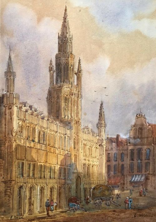 E Nevil Signed Original 19th Century Antique Watercolour Painting Brussels Continental Townscape