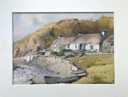Original Antique Watercolour Painting Fishing Boat & Thatched Cottages Coastal Landscape