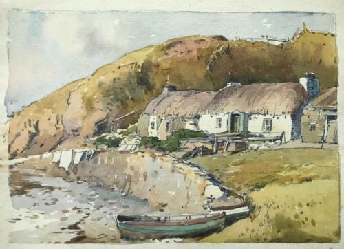 fig 1. Original Antique Watercolour Painting Fishing Boat & Thatched Cottages Coastal Landscape