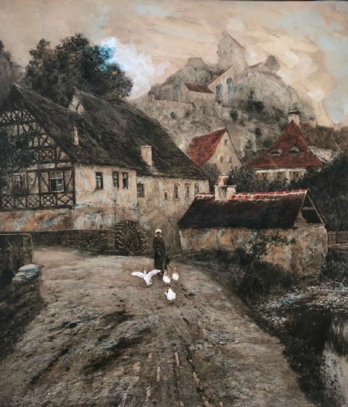 fig 1. Signed Original Antique Watercolour Painting Figure & Geese by a Mill in Castle Landscape