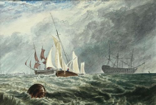 Original English Antique Watercolour Painting Marine Ship Fishing Boat Seascape