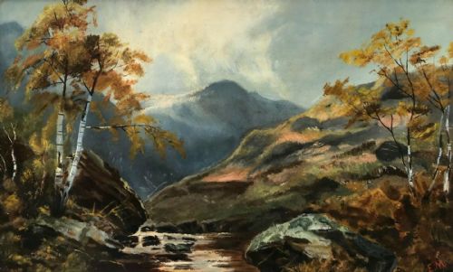 Signed E.m. Original Antique Oil Painting Highland Stream Landscape Scene
