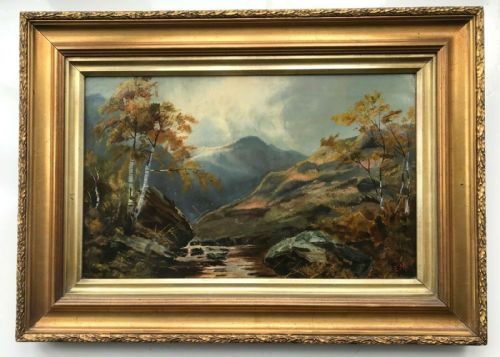 fig 1. Signed E.M. Original Antique Oil Painting Highland Stream Landscape Scene