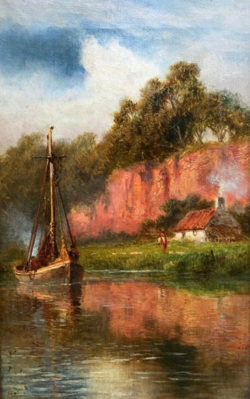 fig 1. Robert Gallon Signed Original Antique Oil Painting on Canvas Avon River Landscape Scene