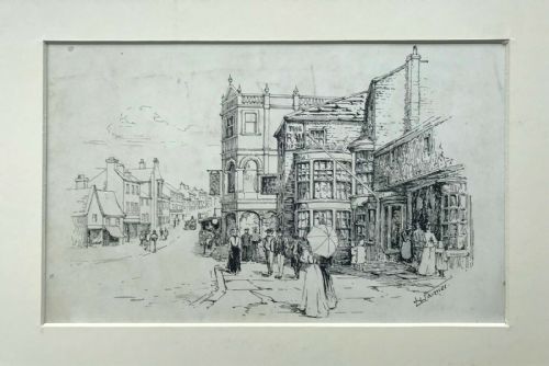 Signed Original Antique Ink Drawing Doncaster High Street from J S Flethcher's 1901 Book "Picturesque Yorkshire"