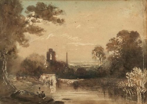 Circle of Jmw Turner Framed Original Early 19th Century Antique Watercolour Painting Lake Castle & Figures