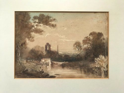 fig 1. Circle of JMW Turner Framed Original Early 19th Century Antique Watercolour Painting Lake Castle & Figures