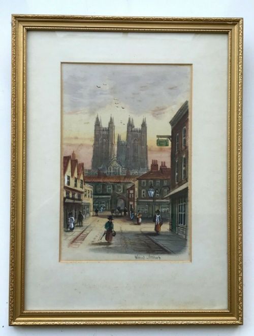 fig 1. Wilfred Bosworth Jenkins Original 19th Century English Antique Watercolour Painting Lincoln Cathedral Landscape