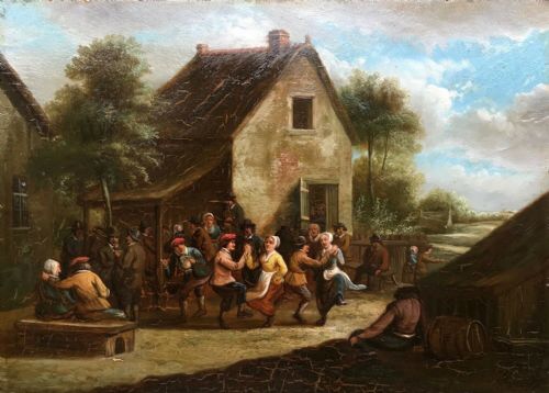 Antique Original Dutch School Oil Painting on Oak Panel Country Tavern Landscape