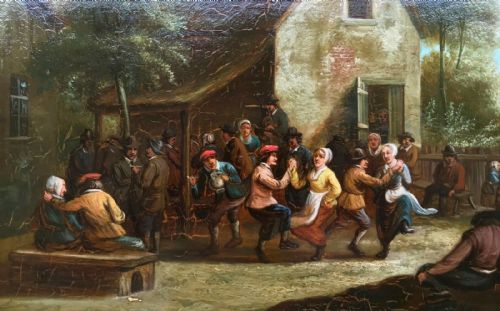 fig 1. Antique Original Dutch School Oil Painting on Oak Panel Country Tavern Landscape