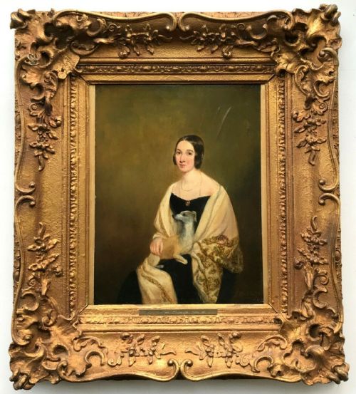 Signed F Winterhalter Original 19th Century Antique Oil Painting on Wood Panel Female Figure & Dog Portrait in Decorative Period Frame