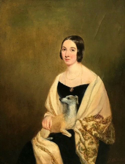 fig 1. Signed F Winterhalter Original 19th Century Antique Oil Painting on Wood Panel Female Figure & Dog Portrait in Decorative Period Frame