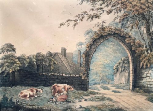 Original 1796 Antique Watercolour Painting Milking Cows Beside Medieval Ruins 18th Century Landscape