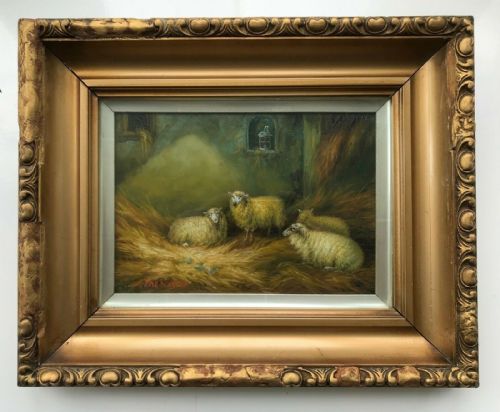 Signed a Jackson Original 19th Century English Antique Oil Painting on Board Sheep in a Barn 2