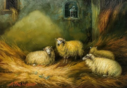 fig 1. Signed A Jackson Original 19th Century English Antique Oil Painting on Board Sheep in a Barn 2