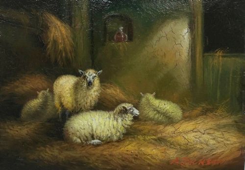 Signed a Jackson Original 19th Century English Antique Oil Painting on Board Sheep in a Barn 1