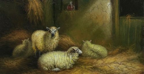 fig 1. Signed A Jackson Original 19th Century English Antique Oil Painting on Board Sheep in a Barn 1