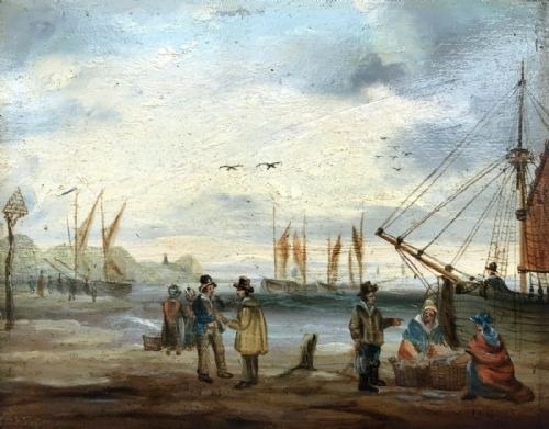 Original Early 19th Century Antique Oil Painting on Wood Panel Fisherfolk by the Quayside British School Seascape