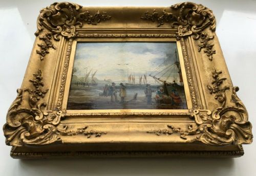 fig 1. Original Early 19th Century Antique Oil Painting on Wood Panel Fisherfolk by the Quayside British School Seascape
