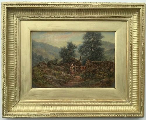 Attributed to Robert John Hammond Original 19th Century English Antique Oil Painting Figure & Cattle Landscape