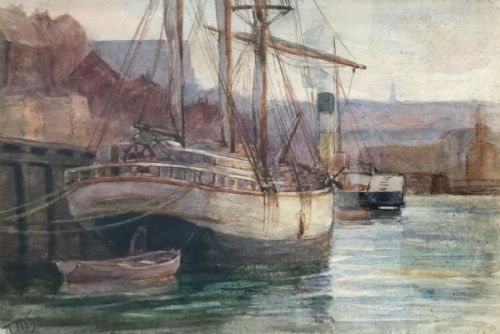 fig 1. Thomas Scott Original 1908 Antique Watercolour Painting Elliotts Quay, Sunderland